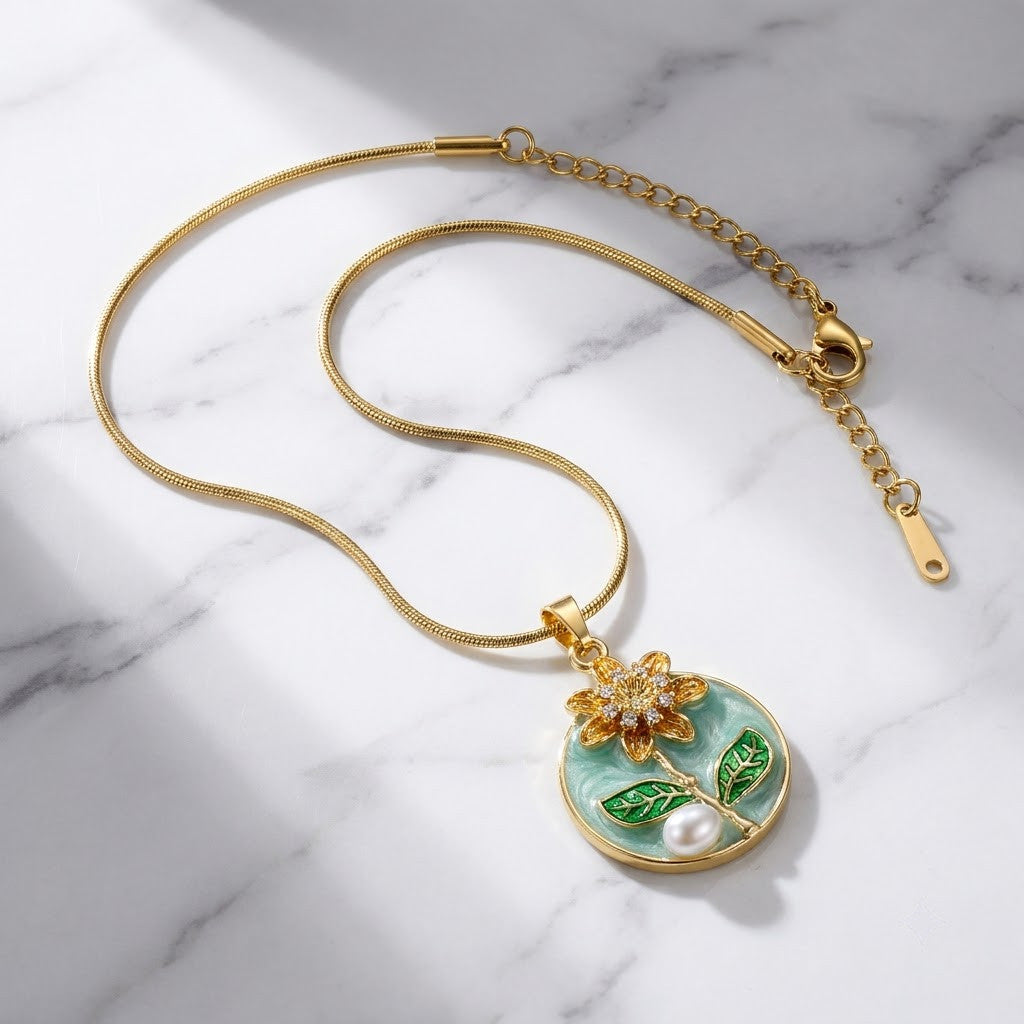 Sunflower Meadow Enamel Medallion Pendant Necklace - View 1 | ANUSI 18K Gold Jewelry