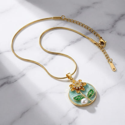 Sunflower Meadow Enamel Medallion Pendant Necklace - View 1 | ANUSI 18K Gold Jewelry