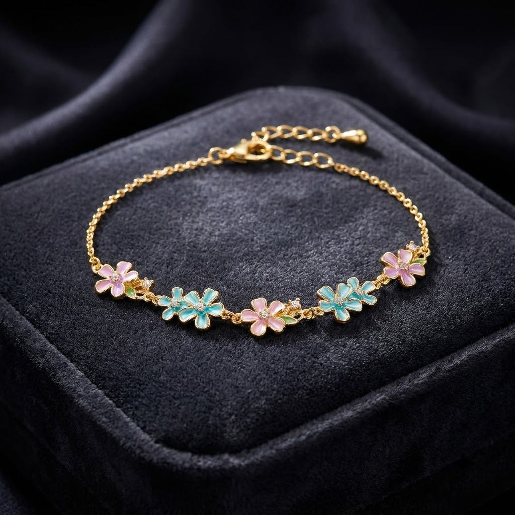 Pastel Enamel Sakura Blossom Floral Station Bracelet - View 6 | ANUSI 18K Gold Jewelry