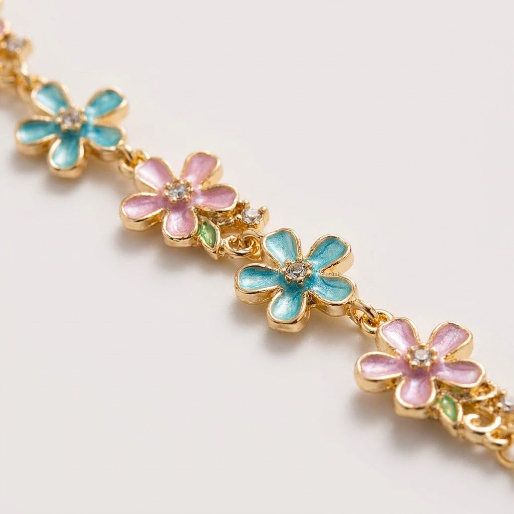 Pastel Enamel Sakura Blossom Floral Station Bracelet - View 3 | ANUSI 18K Gold Jewelry
